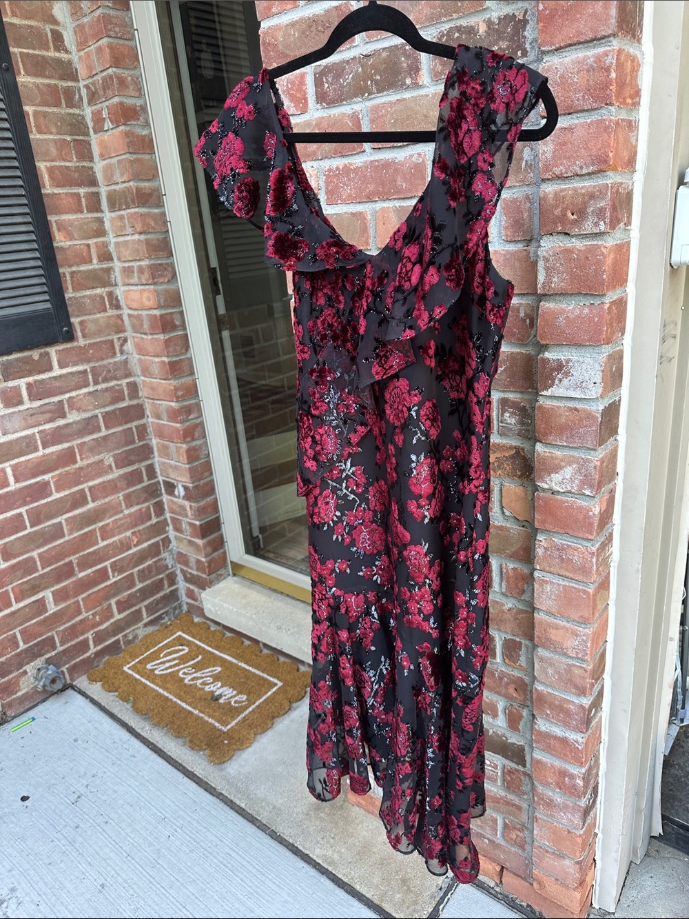 Black Maxi Dress with Red Floral Ruffle Detail - Women